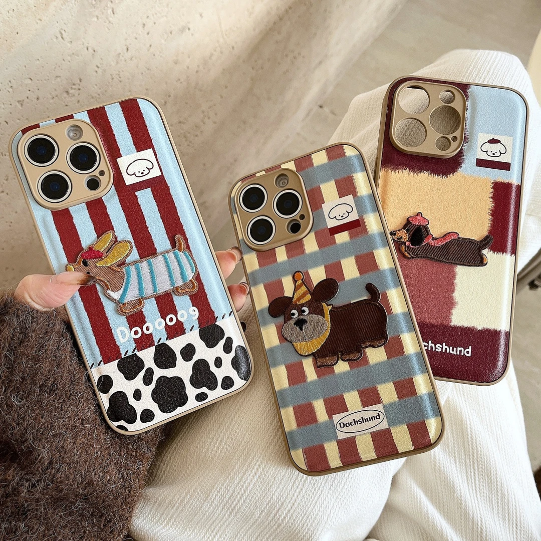 可爱卡通皮质刺绣小狗适用苹果16华为mate60pro手机壳70新款2025