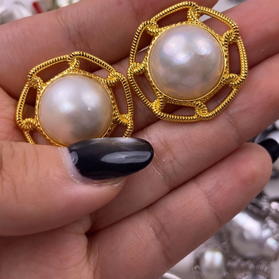 耳饰银S925镶嵌拼合珍珠（马贝珠）