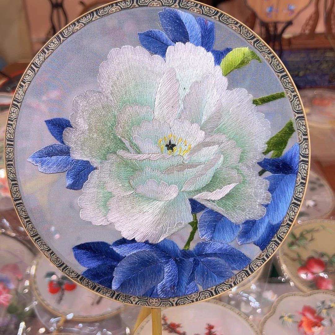 纸苏绣纯手工湘妃竹绿牡丹