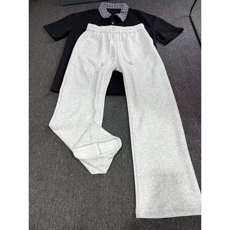 秋季白花灰弯刀斜切卫裤男美式复古显高微喇裤子直筒垂感休闲裤女