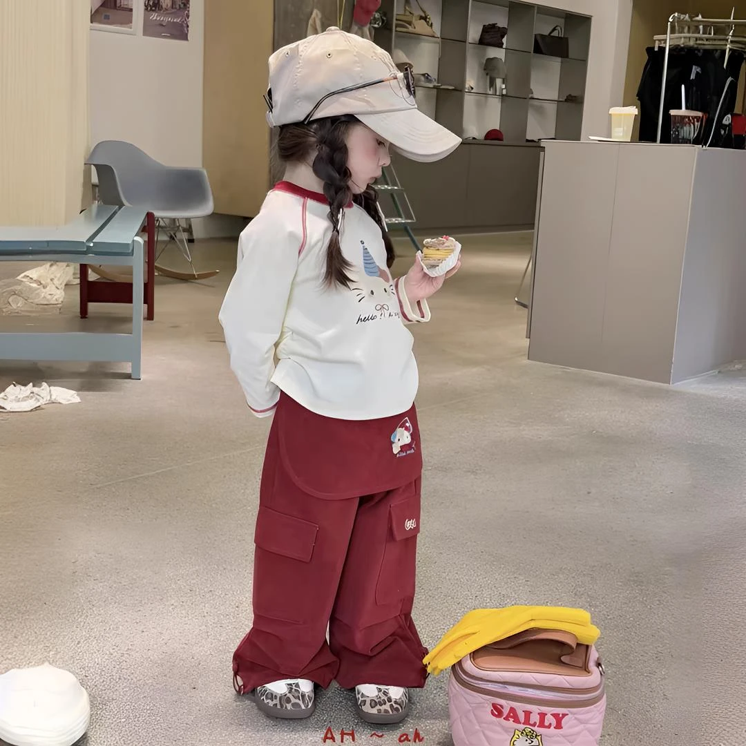 女童套装2025新秋季韩版中小童洋气kt猫T恤宽松屁帘工装裤三件套