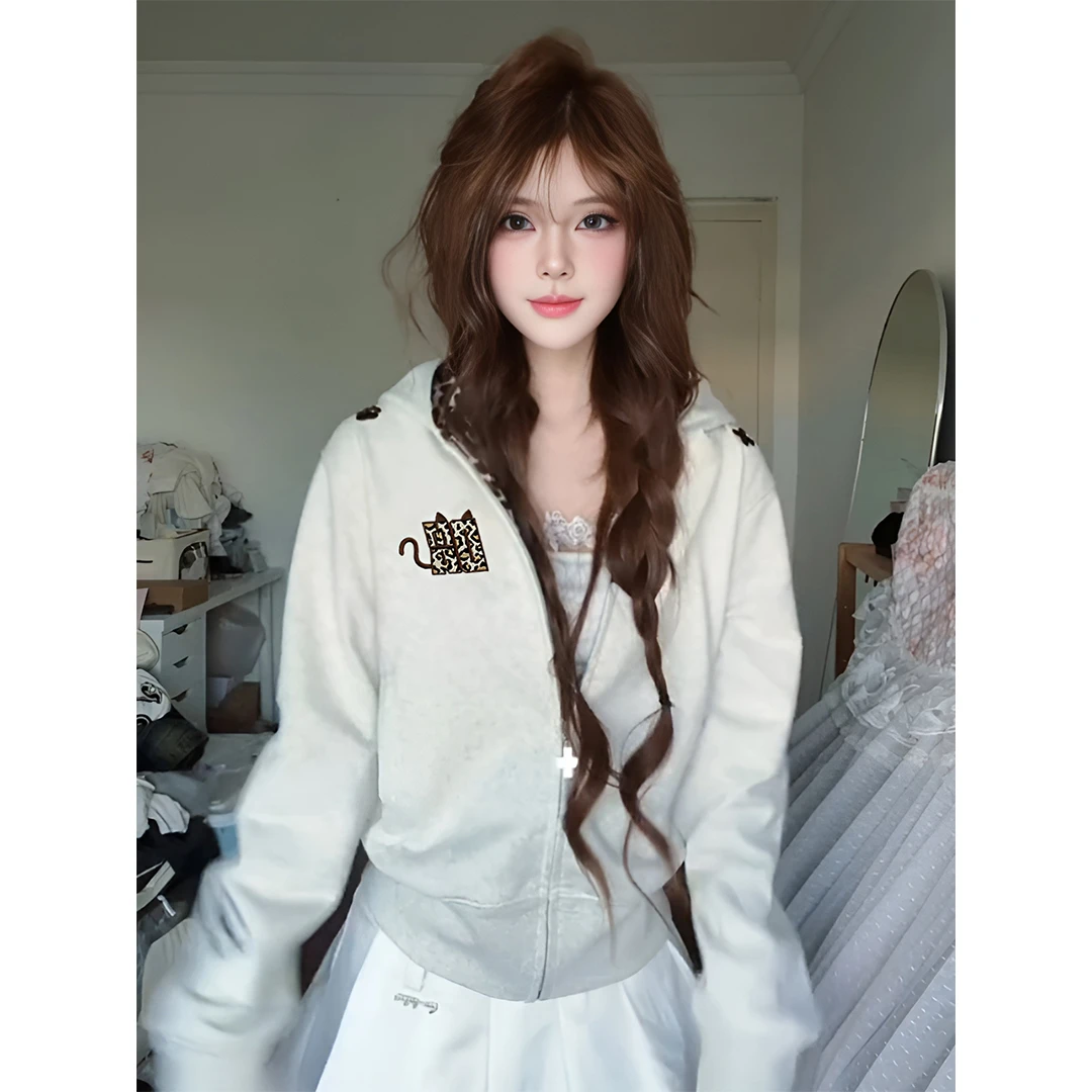 新款美式复古刺绣连帽拉链开衫女新款百搭时尚潮流情侣卫衣外套