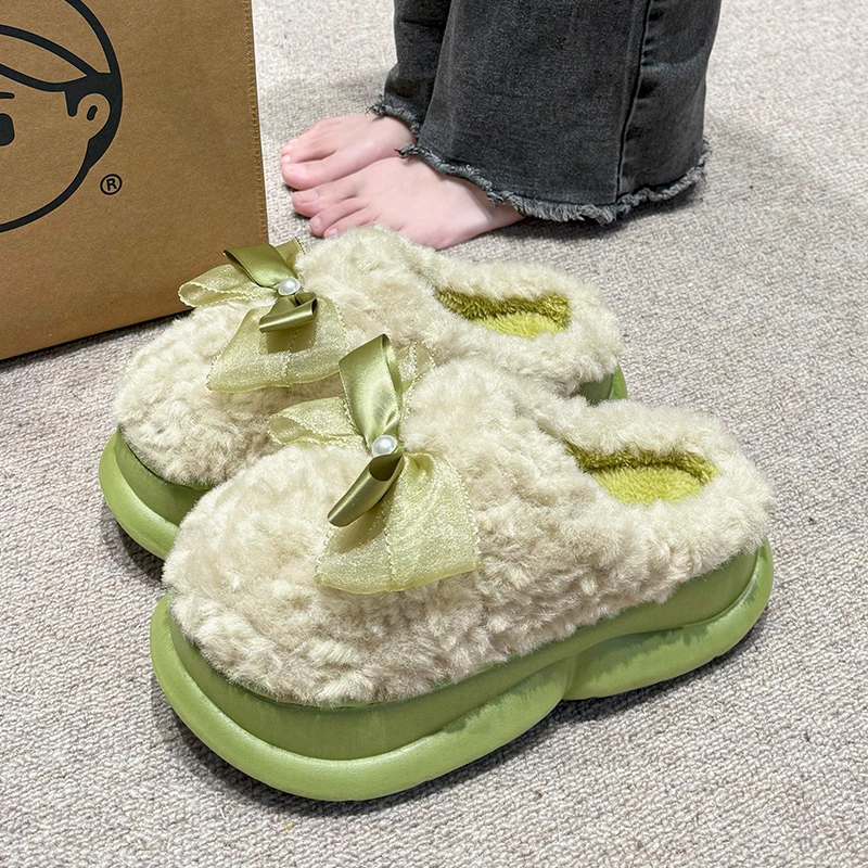蝴蝶结棉拖鞋女款2025新款爆款秋冬季居家防滑厚底毛毛拖鞋女外穿