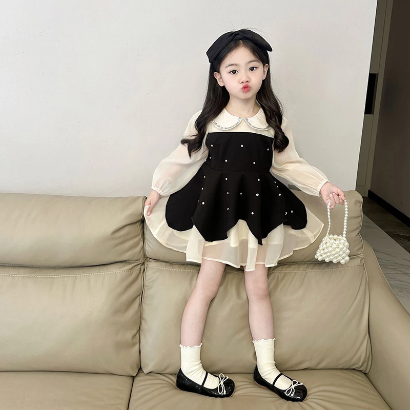 2025春”夜之梦”女童泡泡袖娃娃领订钻网纱连衣裙dy918