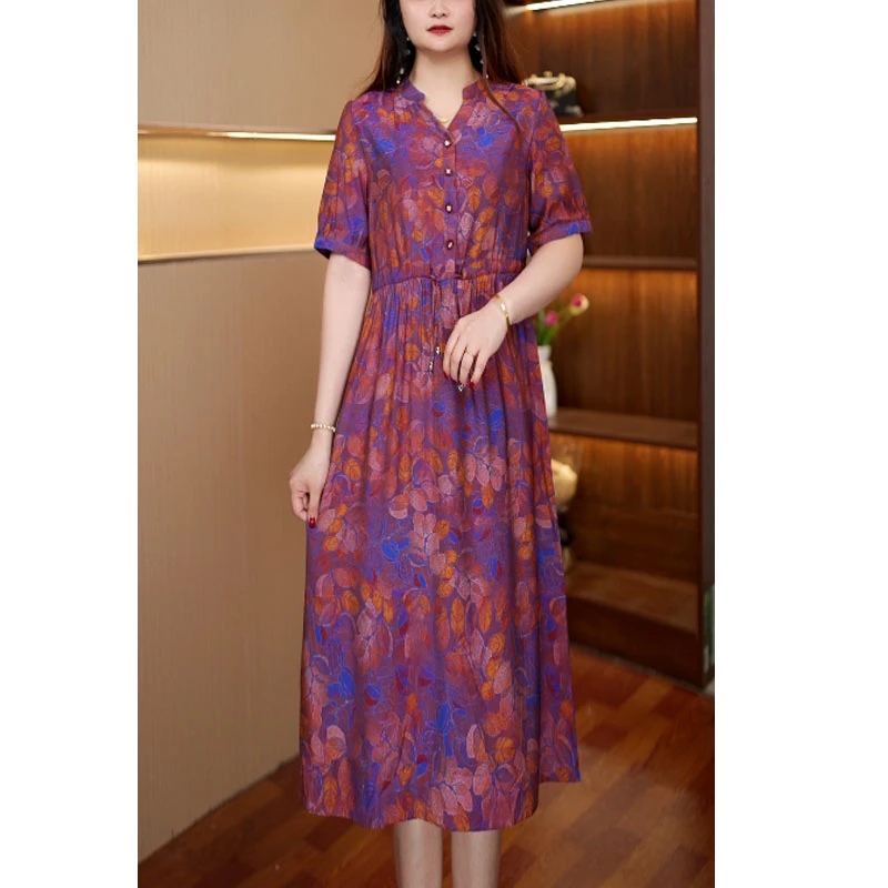 [剪刀领紫树叶]新款百搭显瘦连衣裙女中长款425