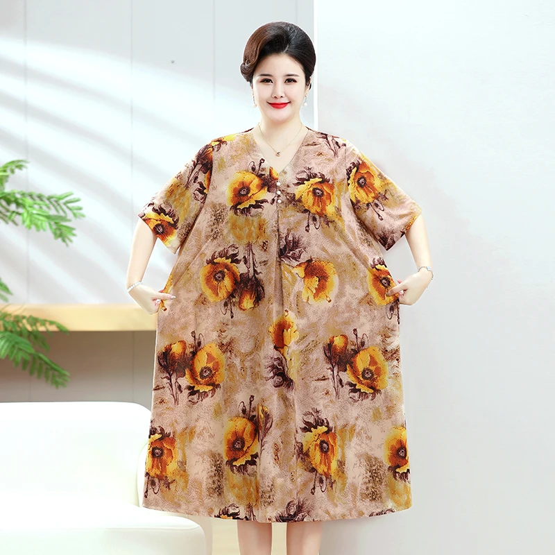 大码印花薄款V领休闲风洋气女装显瘦中长款中老年女装夏季连衣裙
