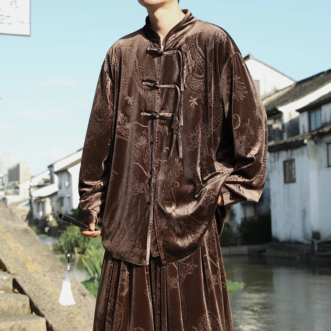 新中式茶服褂子男款立领中山装外套中国风男装唐装复古金丝绒夹克