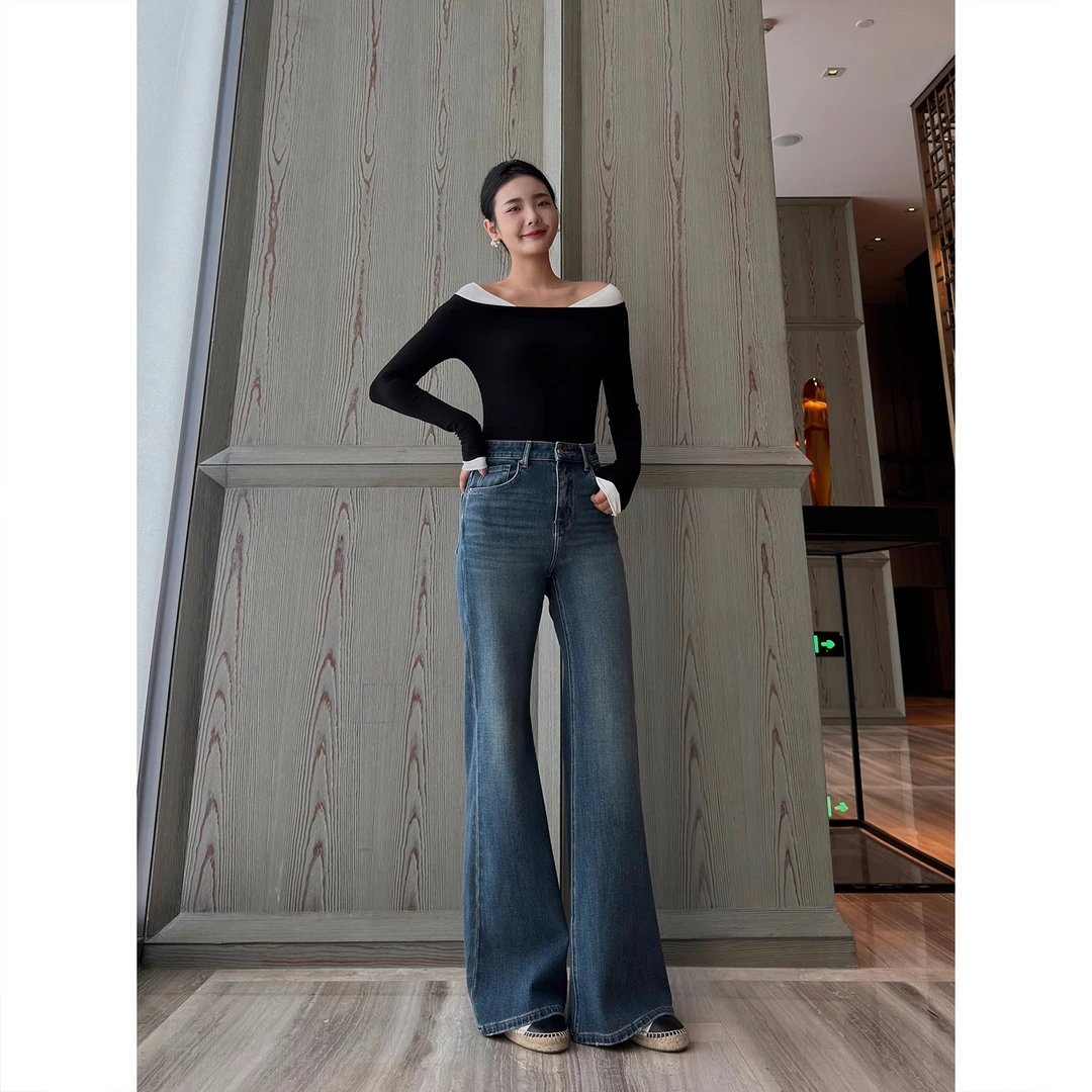 【过款】大长腿高腰阔腿微喇叭牛仔裤女氛围感复古显高宽松筒叭裤