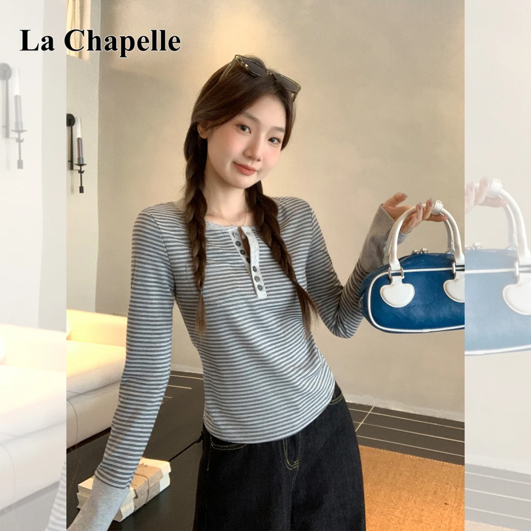 拉夏贝尔韩版撞色条纹长袖T恤女秋季2025新款半开领设计感小上衣