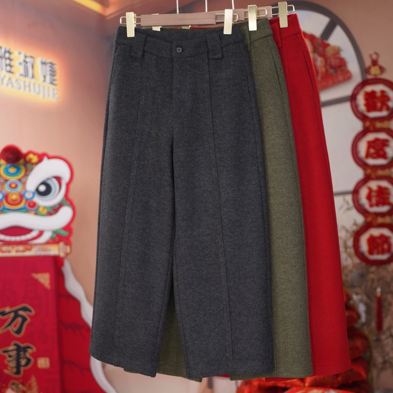 上新棉羊毛毛呢九分直筒阔腿裤休闲高腰冬季加厚保暖靴裤子芒果裤