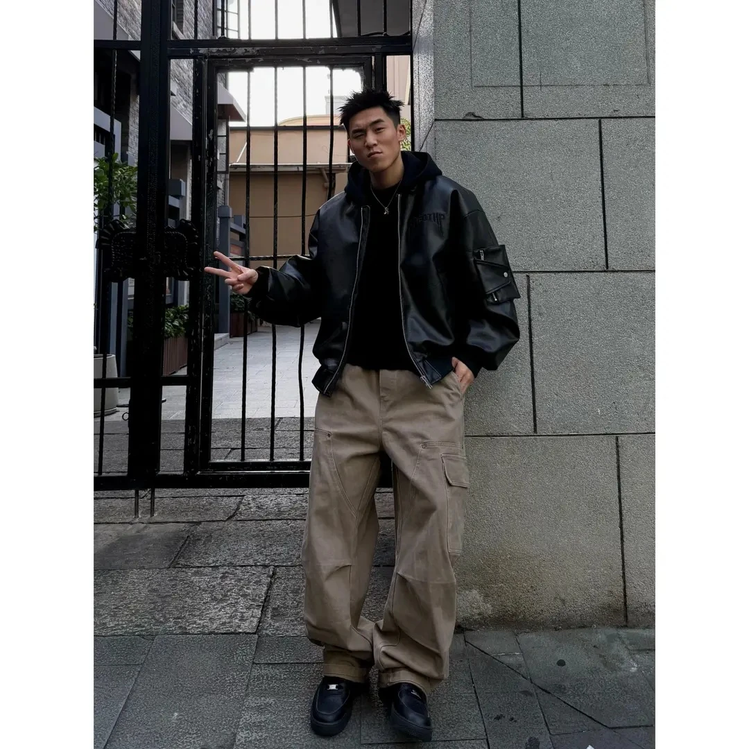 90白鸭绒冬季美式硬核皮衣羽绒服连帽可拆保暖设计感男上衣外套