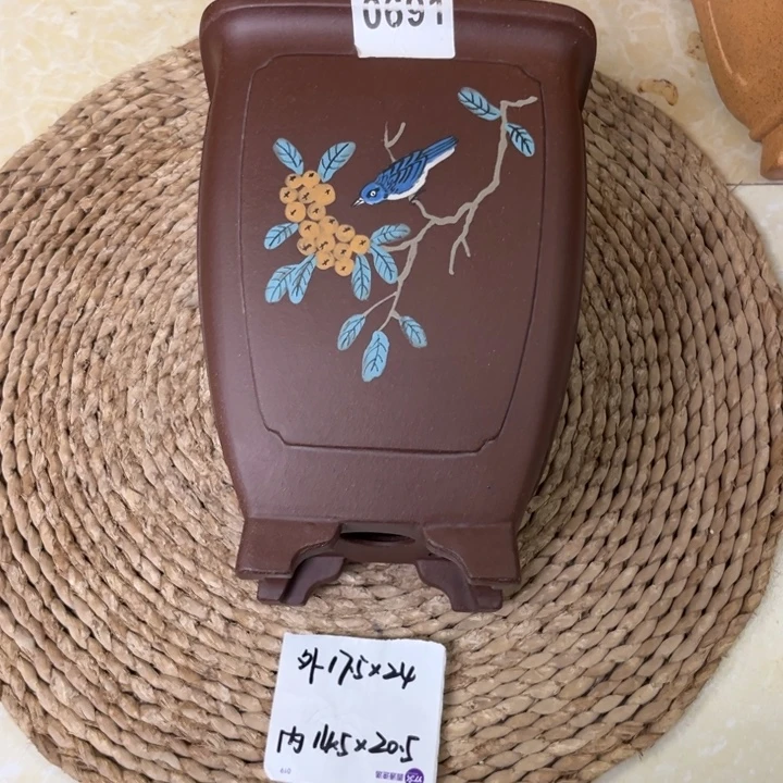 紫砂花盆  紫泥奎面彩绘签筒0691