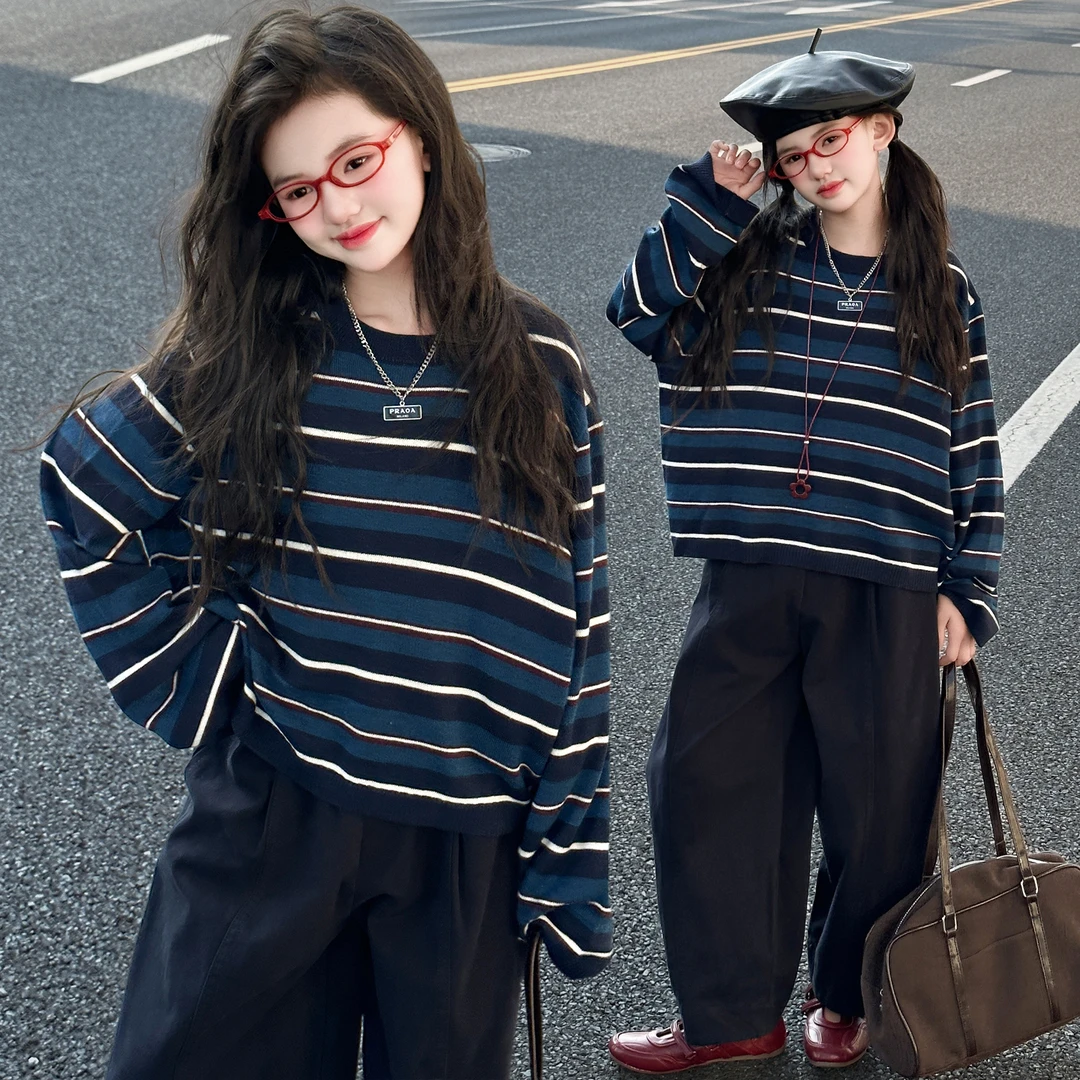 女童条纹针织衫套装秋季韩系儿童秋装潮女大童慵懒风阔腿裤6-12岁