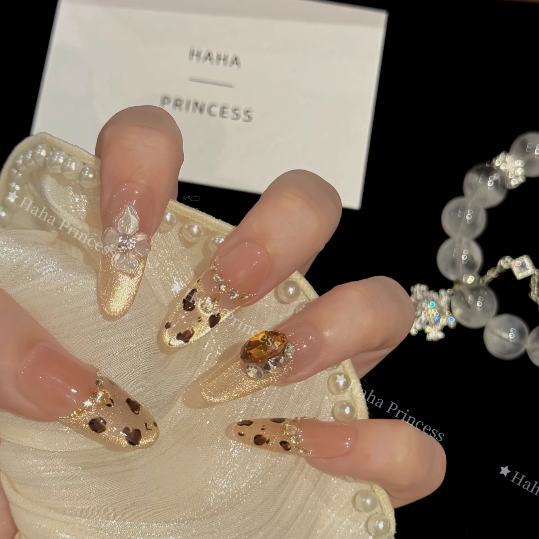 焦糖金棕豹 手工穿戴甲秋冬金棕豹纹显白光疗美甲可拆卸穿戴甲