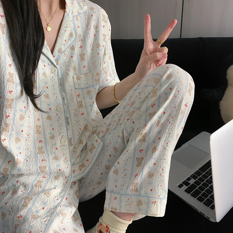【短袖拍一发三】日系睡衣女夏季短袖短裤可爱格子学生家居服三件套