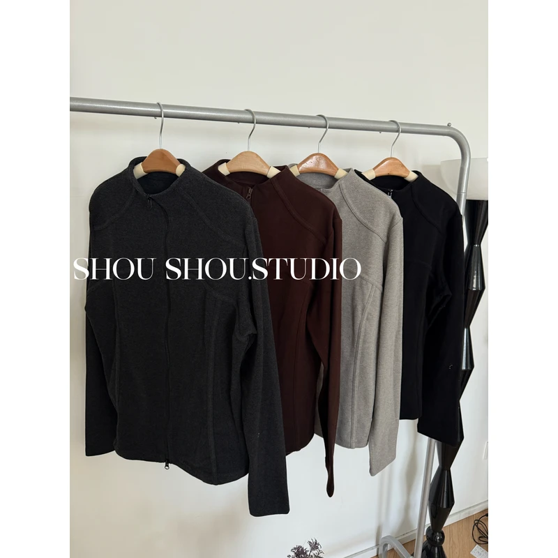 【夏夏】大码收腰显瘦加绒双拉链立领正肩长袖打底上衣S02319