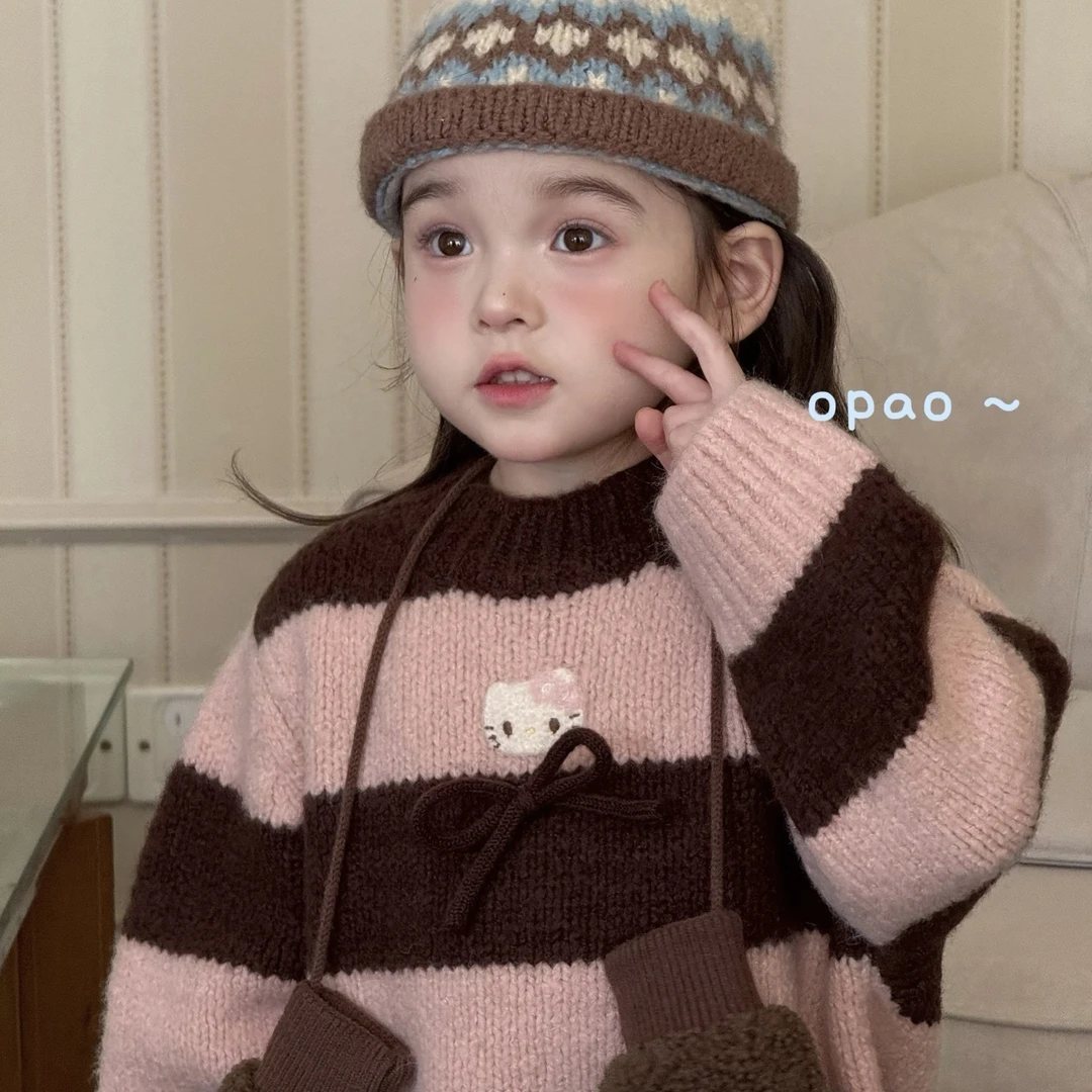Opao～25秋冬女童韩系kt条纹毛衣6002