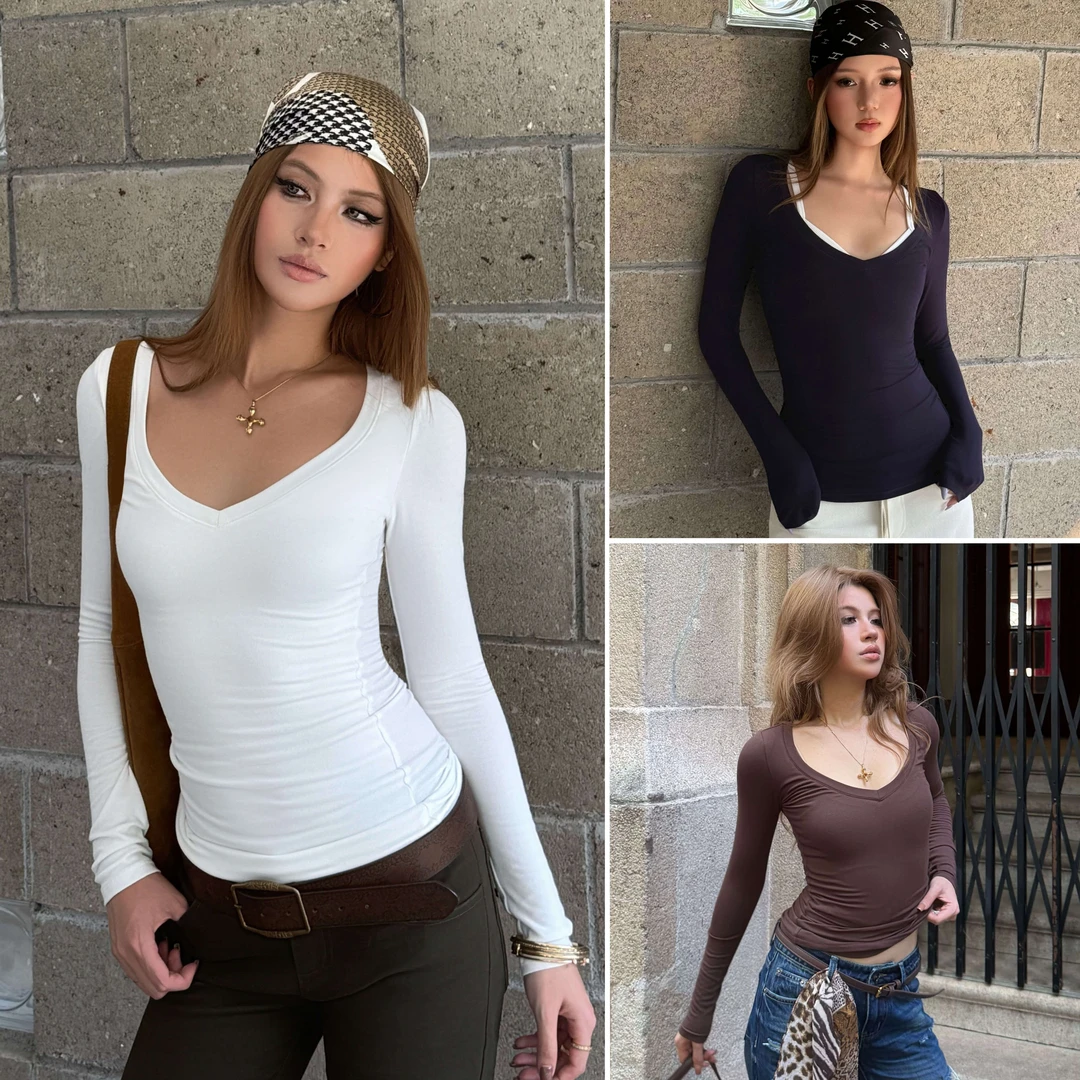 AudwynV领长袖T恤女2025秋季新款正肩收腰设计修身显瘦微弹上衣