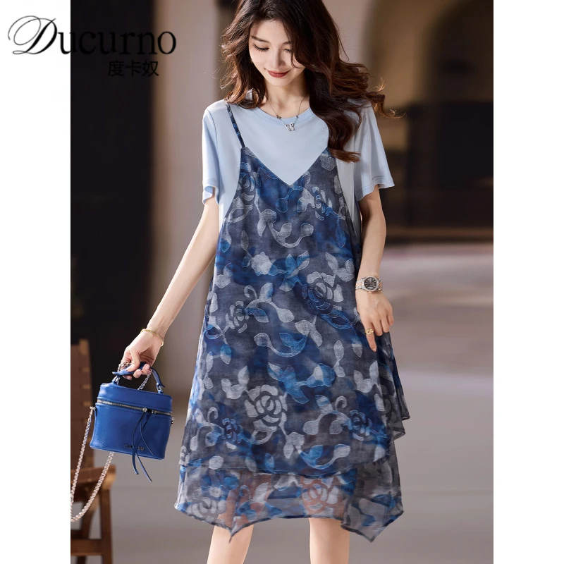 拼接印花雪纺连衣裙女夏季新款短袖裙子2025年休闲气质大码女装