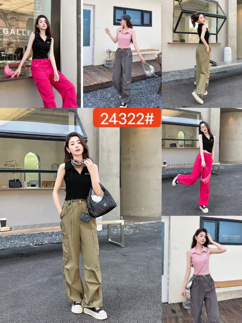 24322高腰工装裤套装夏季新款洋气无袖上衣领t恤上衣炸街两件套