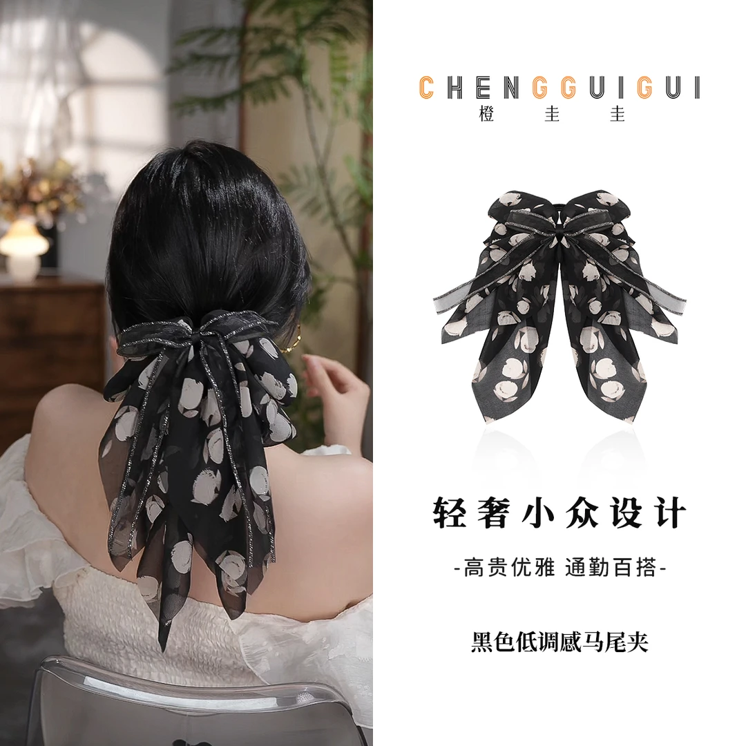 复古原创郁金香手工优雅多层气质蝴蝶结飘带抓夹碎花发夹马尾夹