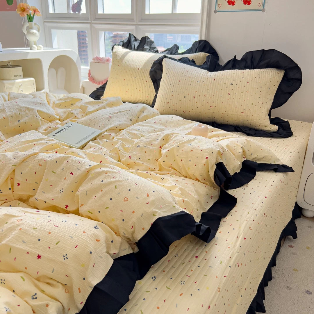 新款四件套双层纱花边被套床单亲肤四季通用宿舍1.5米床单三件套