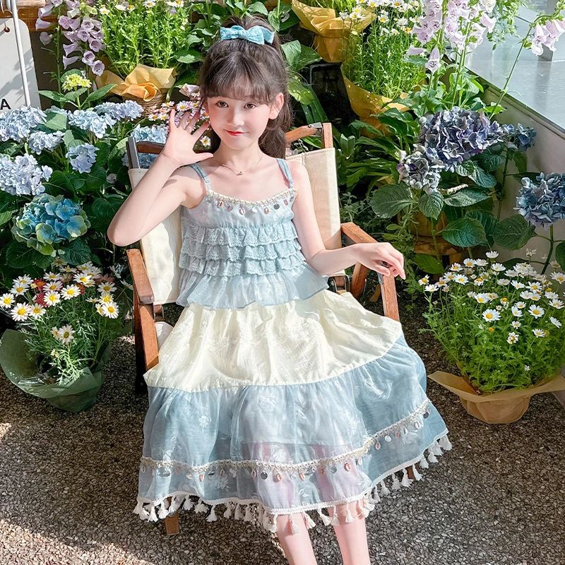 2025新款夏季女童时尚韩版洋气甜美百搭无袖吊带蕾丝拼接公主裙潮