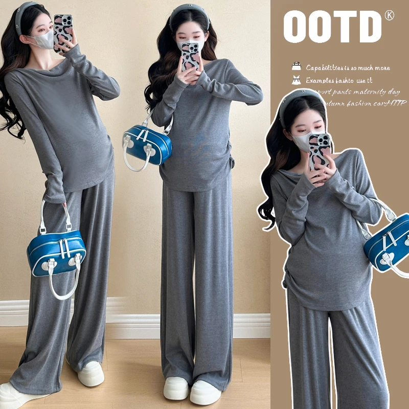 孕妇套装2025秋装新款时尚宽松休闲大码慵懒风潮妈上衣裤子两件套
