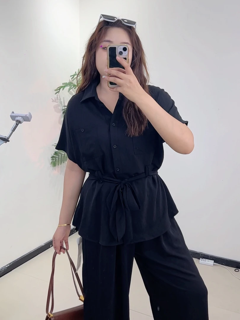 夏季大码套装女休闲老钱风宽松显瘦胖MM收腰衬衣长裤两件套