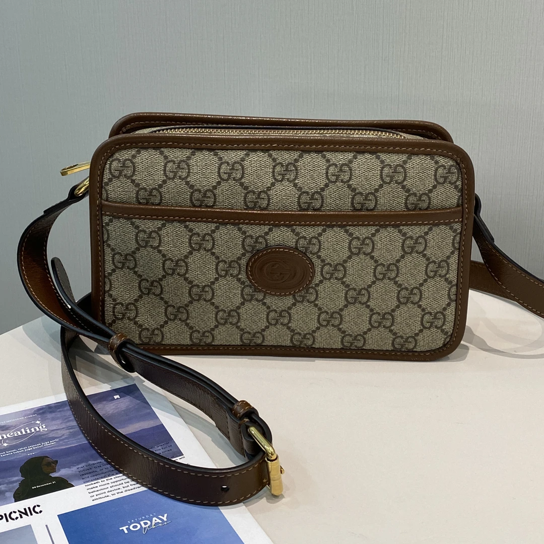 99新 GUCCI/古驰 盒子包 相机包 老花logo 乌木色 斜挎包邮差包