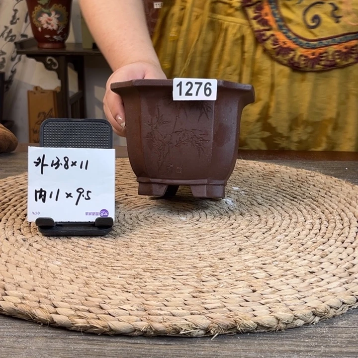 紫砂花盆超精品紫玉金砂沐易老师刻绘1276