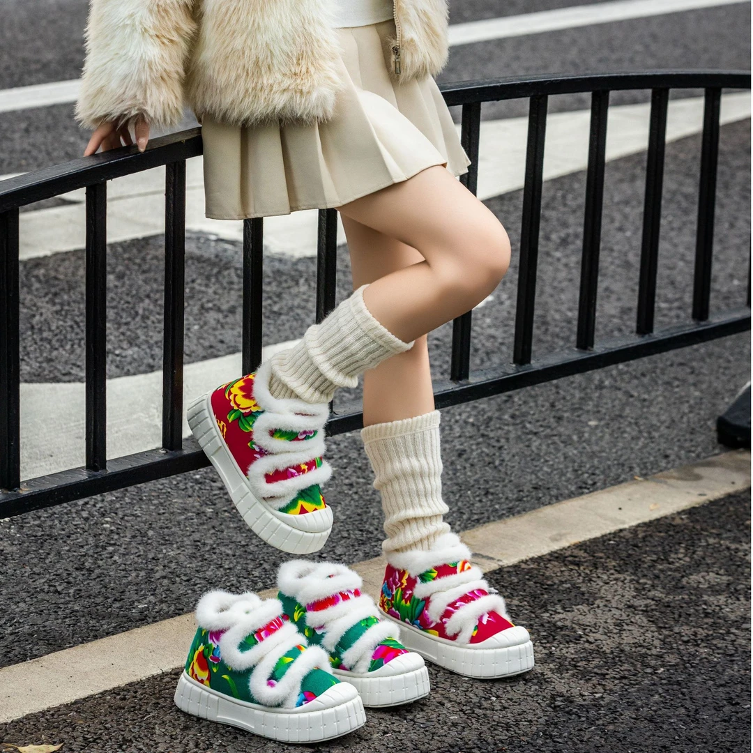 东北大花棉鞋高帮加绒加厚保暖户外棉鞋防滑足弓厚底增高棉鞋