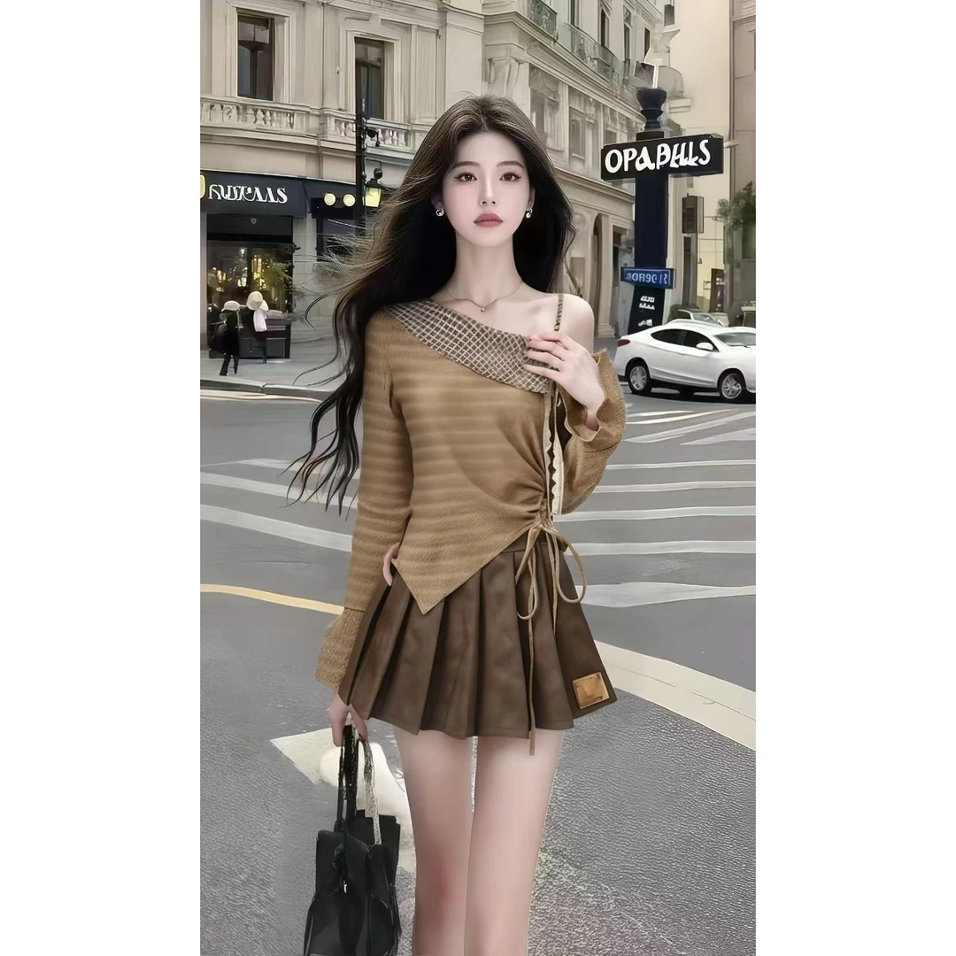 复古港风小众纯欲卡其色斜领长袖设计感上衣+咖色百褶半身裙套装