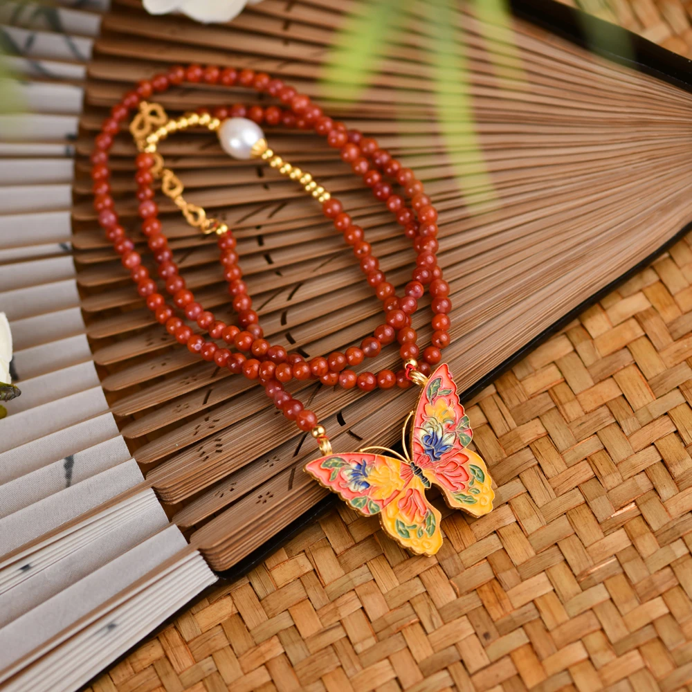 戊申堂 S925银鎏金 烧蓝蝴蝶南红项链国风珠宝