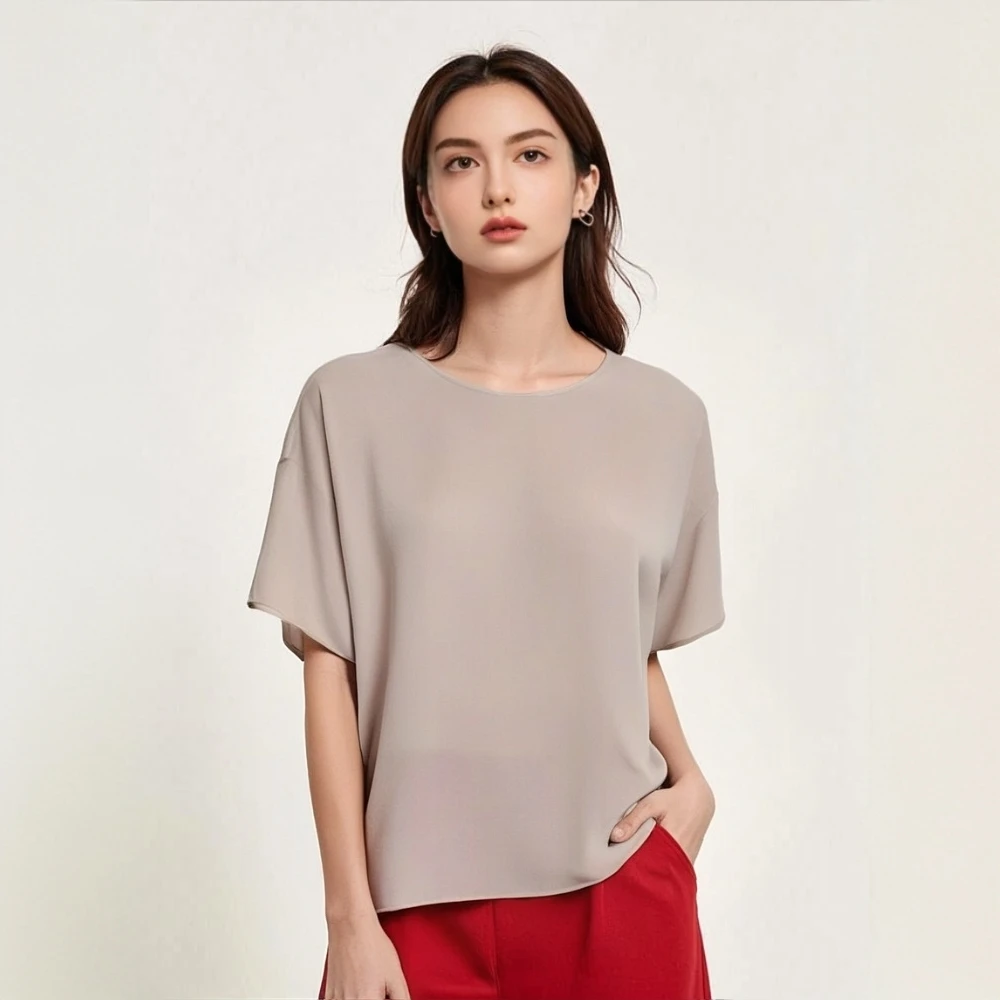 桑忆鬼绉桑蚕丝洋气时尚百搭夏季宽松纯色上衣短袖宽松圆领 818