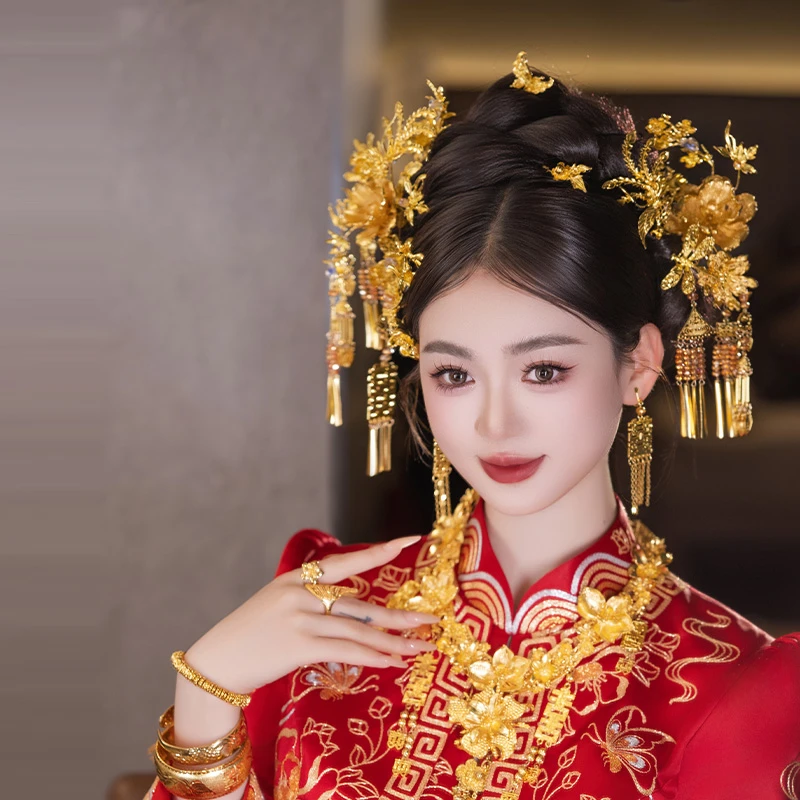 合金婚庆饰品 新娘头饰中式金色发簪流苏秀禾龙凤褂发饰品MT2549