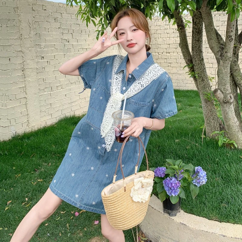 小个子蕾丝披肩提花薄款牛仔衬衫裙新款休闲显瘦polo领连衣裙女夏