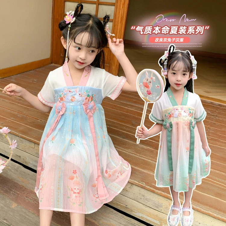 汉服女童夏新款唐装古风超仙公主裙儿童中国风玉兔刺绣连衣裙襦裙