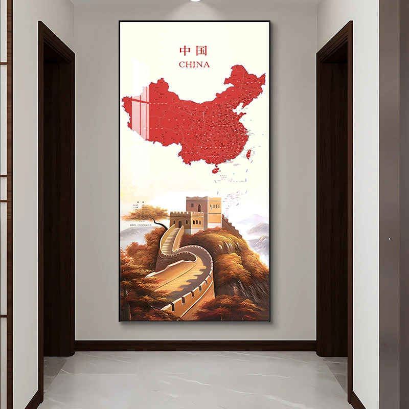 玄关过道走廊中国长城红色地图装饰画客厅沙发背景墙办公室挂画