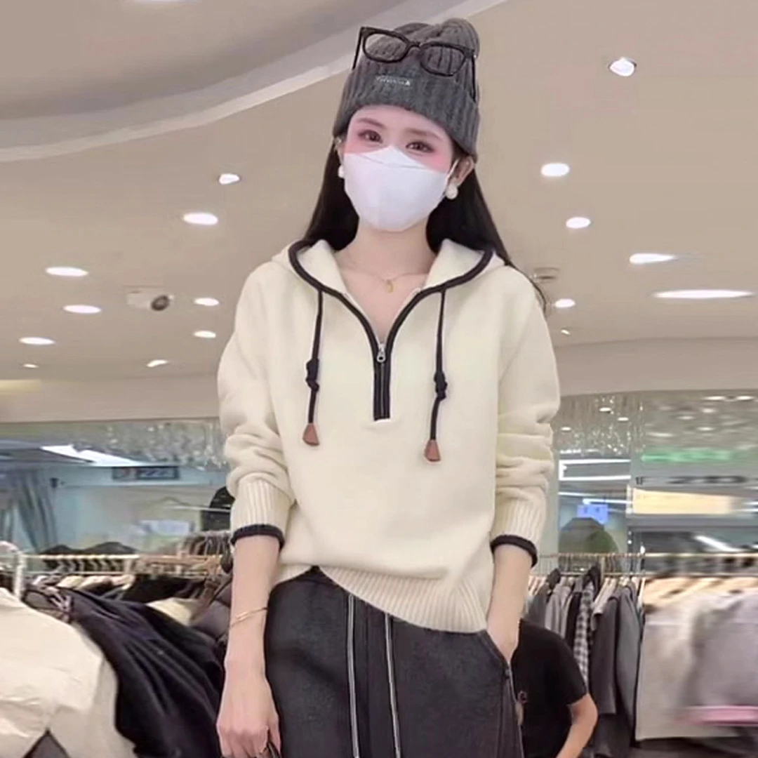 2025秋冬新款时尚针织衫卫衣女洋气连帽拉链毛衣外套宽松百搭上衣