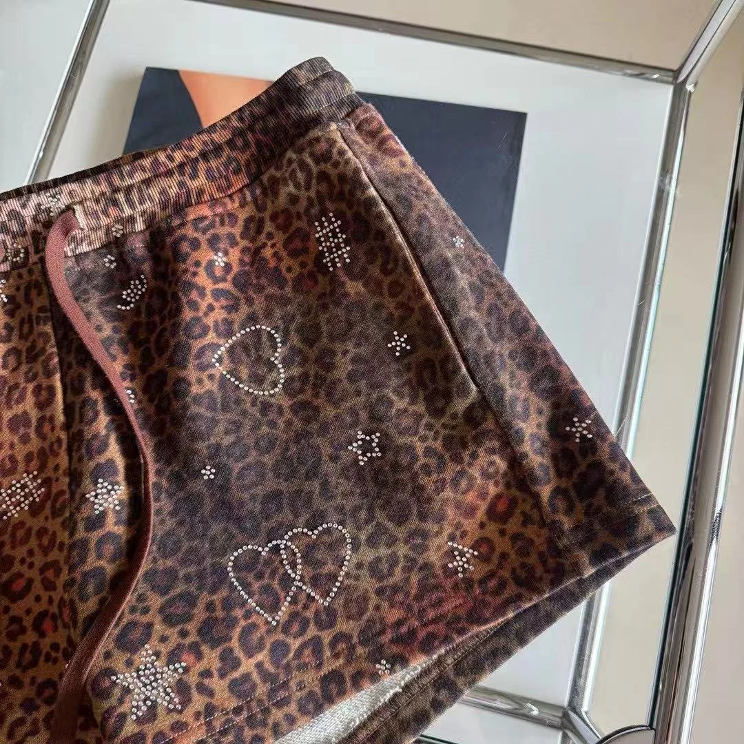 25年春夏新款 豹纹重工烫钻松紧腰系带热裤