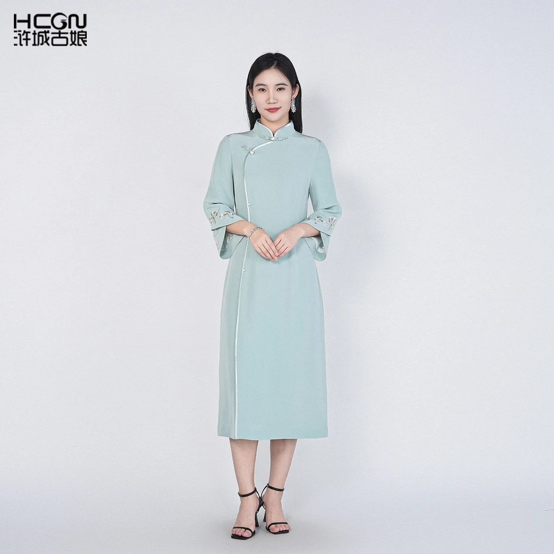 中国风醋酸精致刺绣雅致新款气质女立领婉禾旗袍连衣裙HASS010012