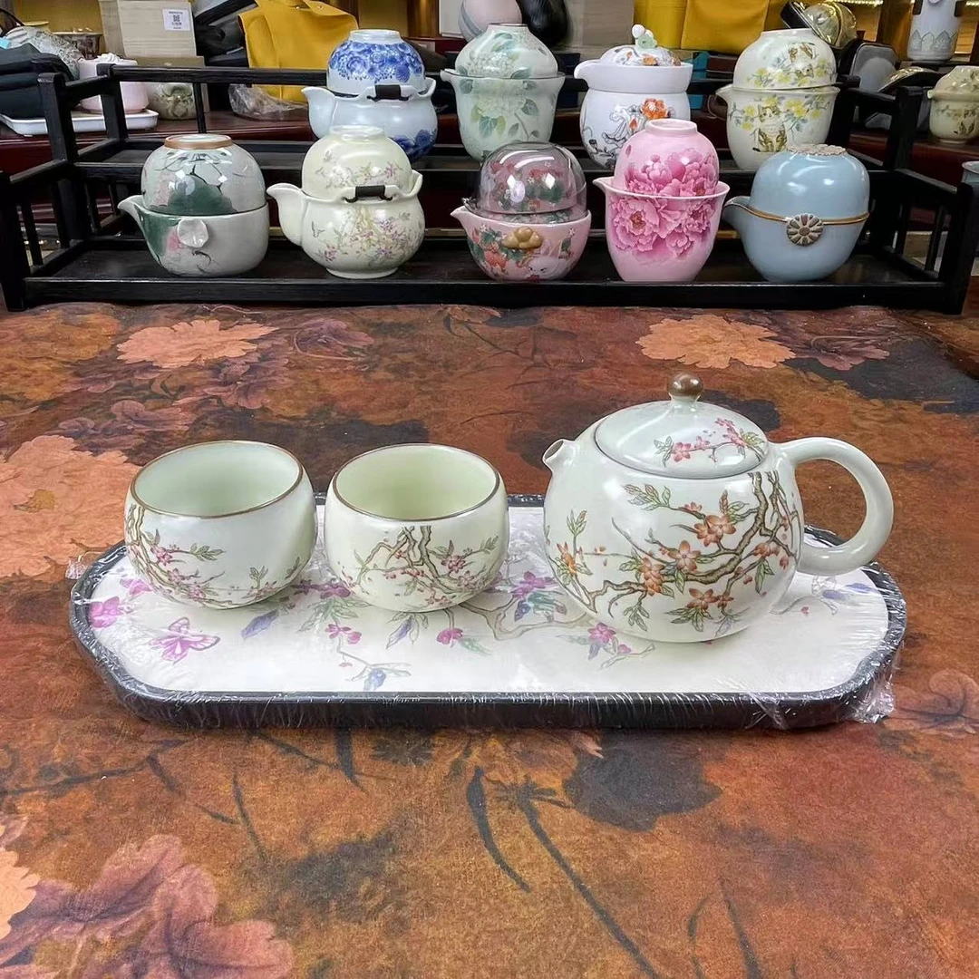 陶栖黄汝桃花1龙蛋壶2杯加桃花盘陶瓷高档