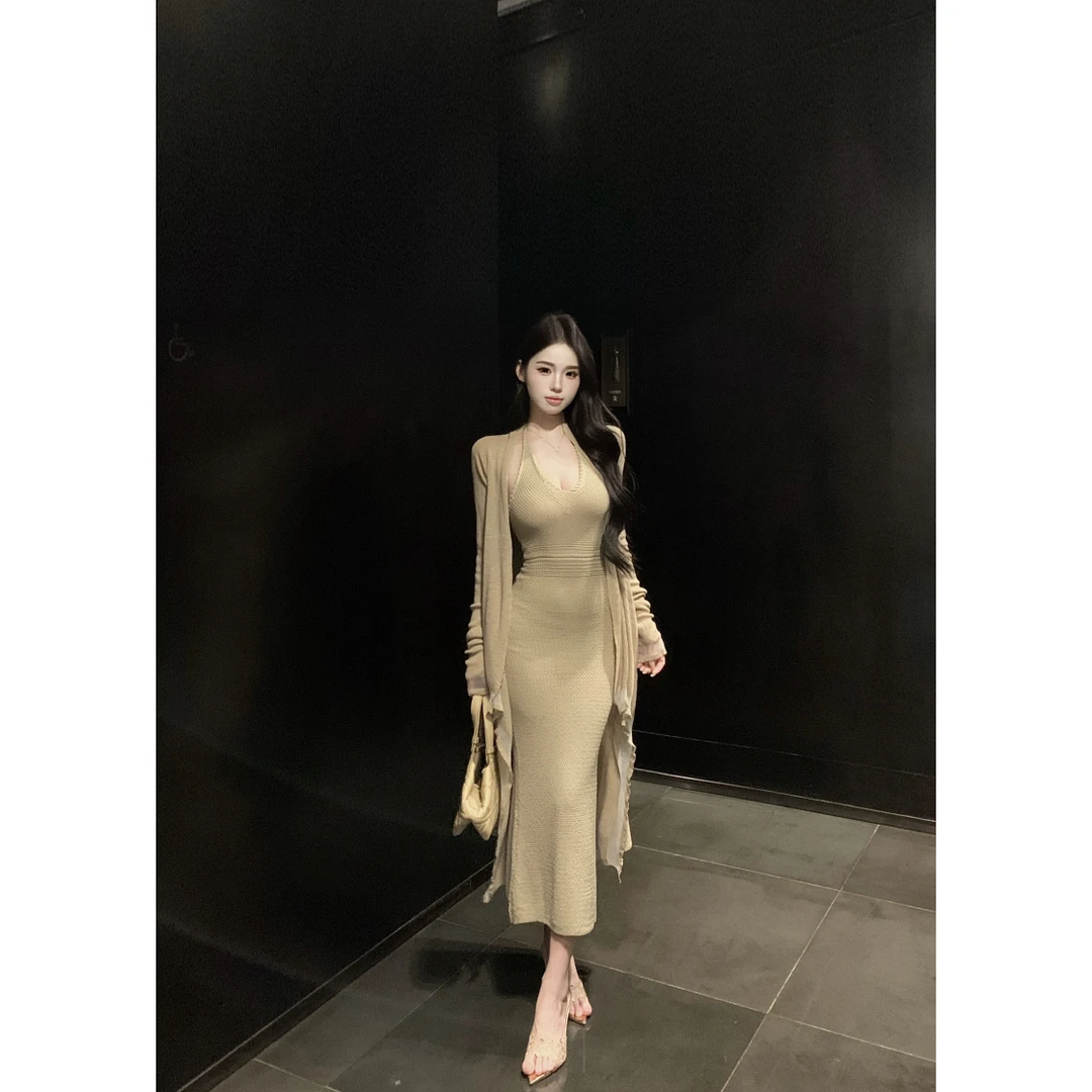 镂空长袖针织开衫包臀收腰鱼尾连衣裙套装