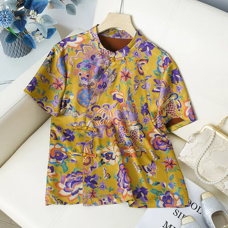中式国风女装缎面碎花短袖T恤衫女士薄款柔软舒适清凉优雅女上衣