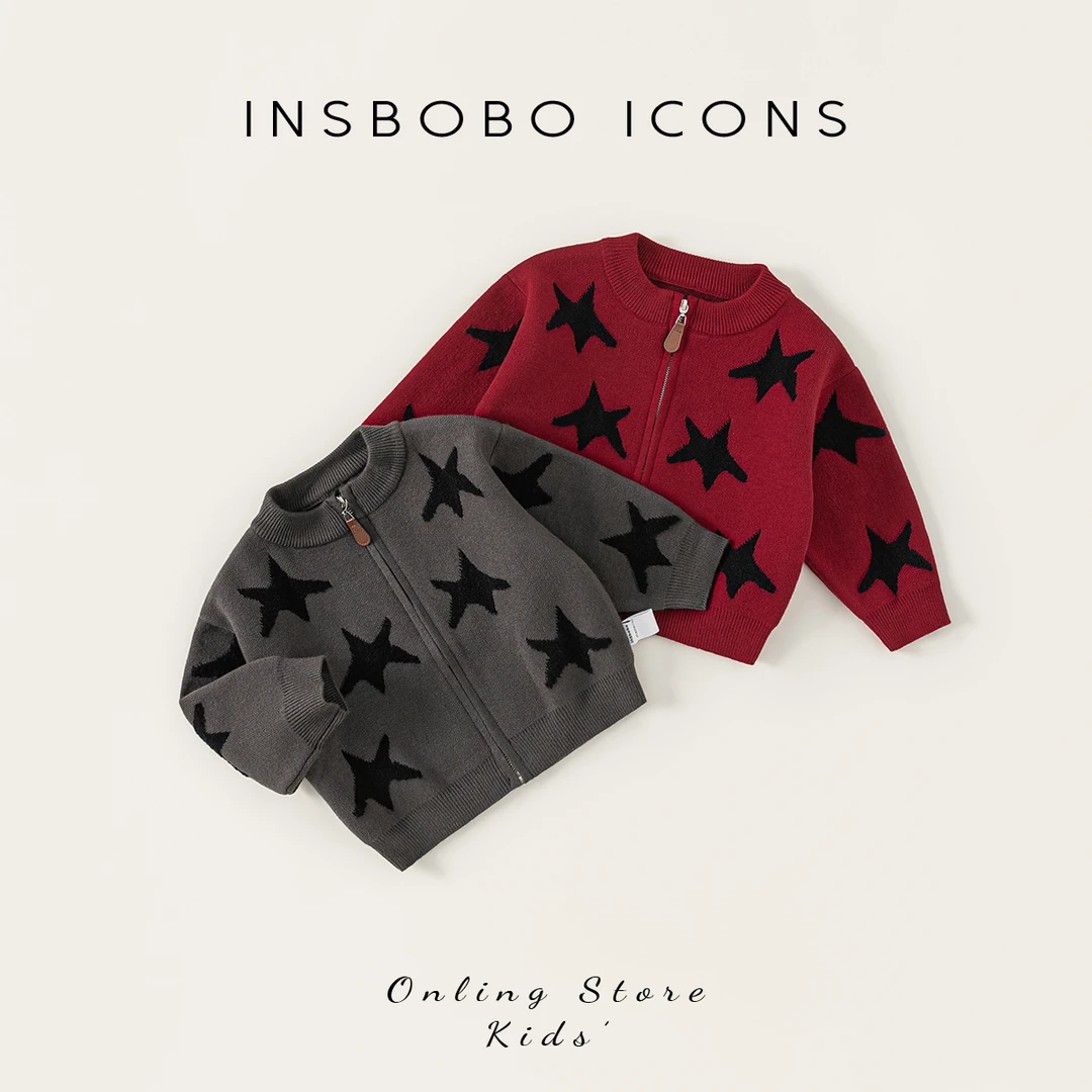 INSbobo儿童休闲开衫酷帅圆领五角星造型带拉链毛衣外套潮QY85006