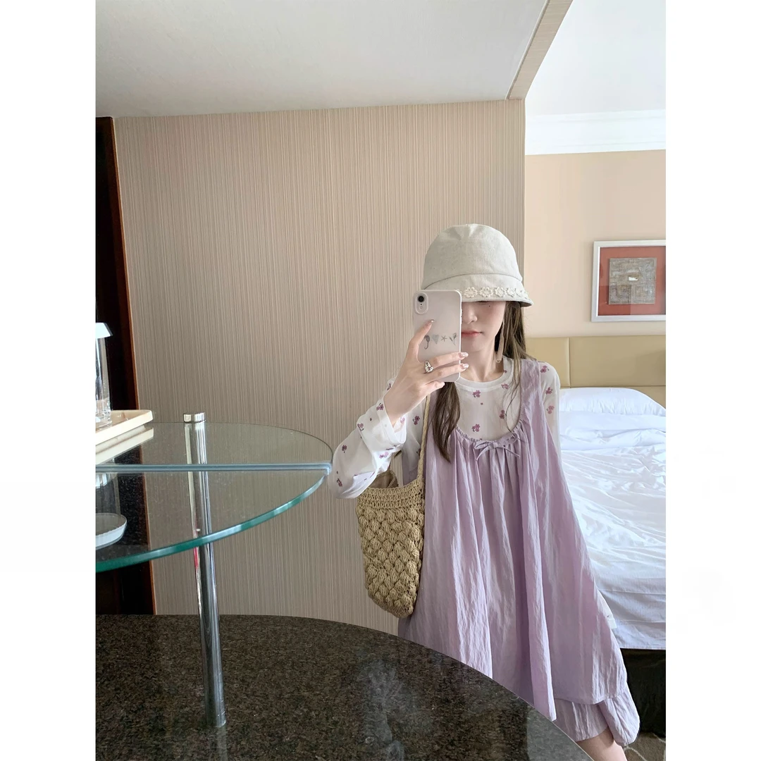 甜美可爱风格衣服慵懒风多巴胺蝴蝶结紫色双层背心裙连衣裙女夏季