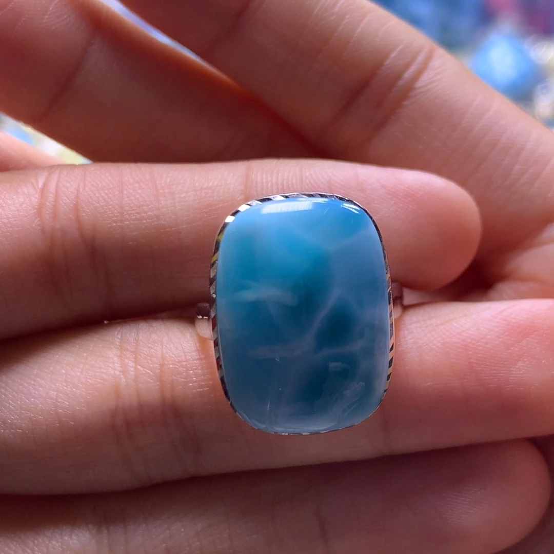 针钠钙石（海纹石）银S925镶嵌戒指方戒指色差略异