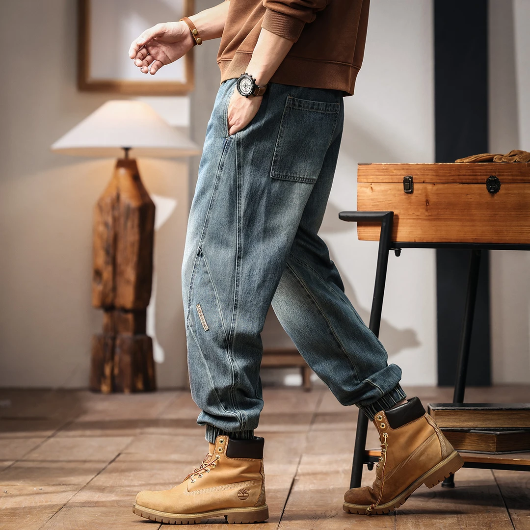 格蓝鹿夏季薄款复古工装牛仔裤男束脚宽松大码休闲潮牌拼接裤子男