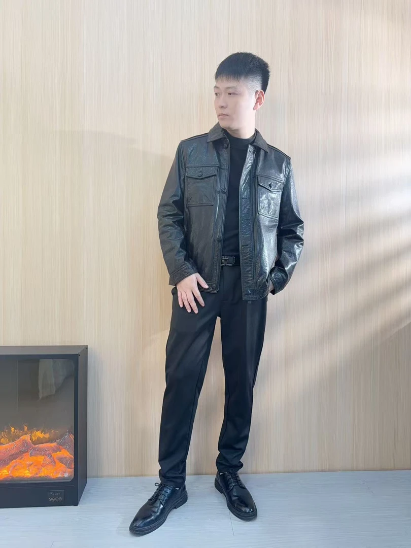 海宁新款休闲男款油蜡小牛皮真皮立翻领皮夹克直通外套百搭百搭